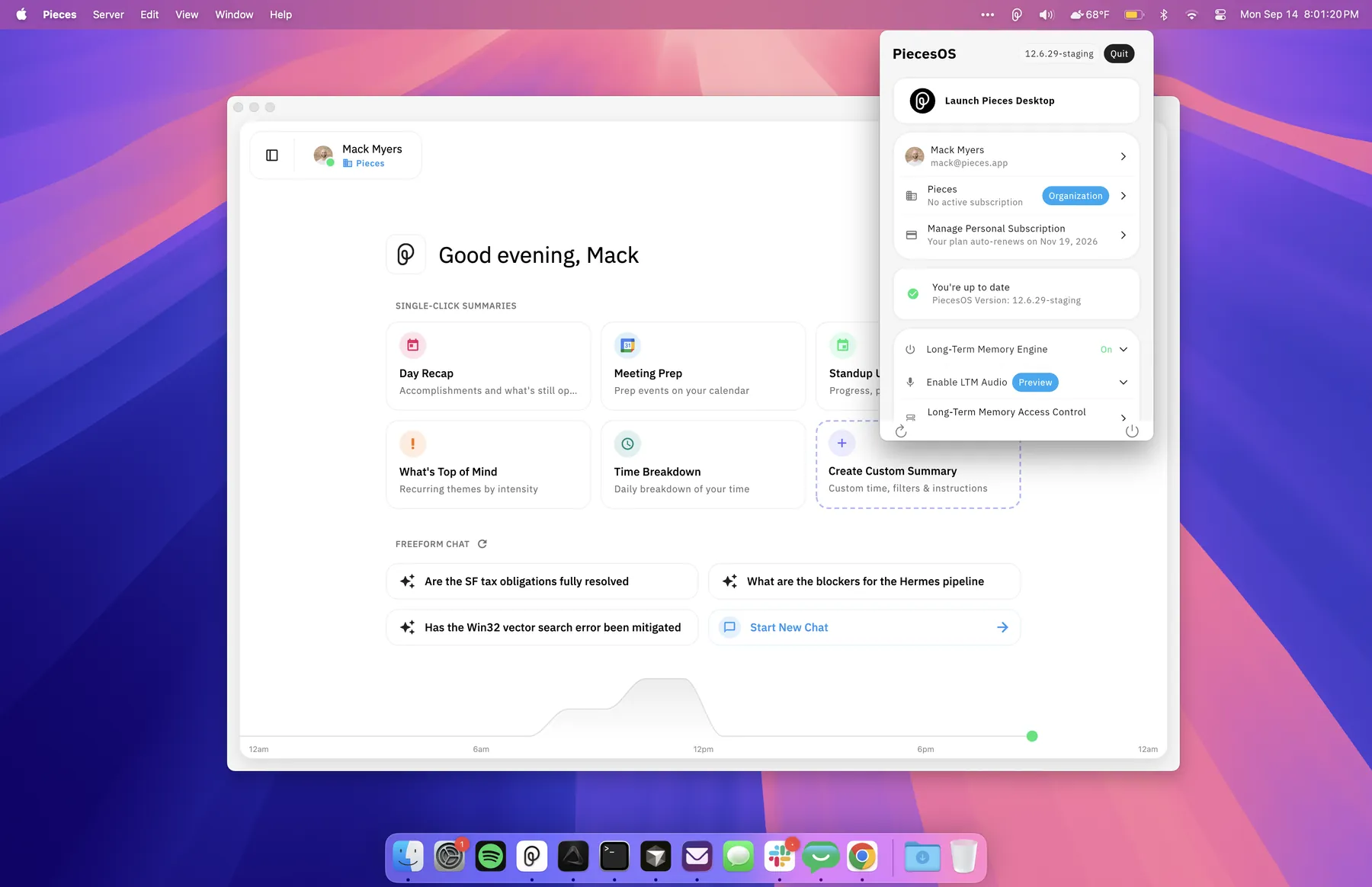 The Pieces desktop application on macOS, showing single-click summaries and freeform chat, with the PiecesOS background service open in the menu bar.